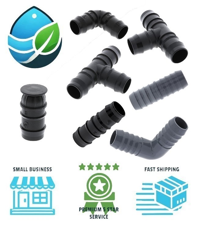 Black Poly Pipe Irrigation Insert Fitting - Barbed Tee Elbow Coupling 3/4" & 1"