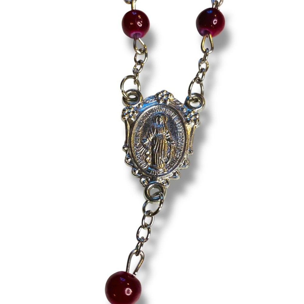 Red Silvertone Rosary Beads Necklace Catholic Religious Devotion