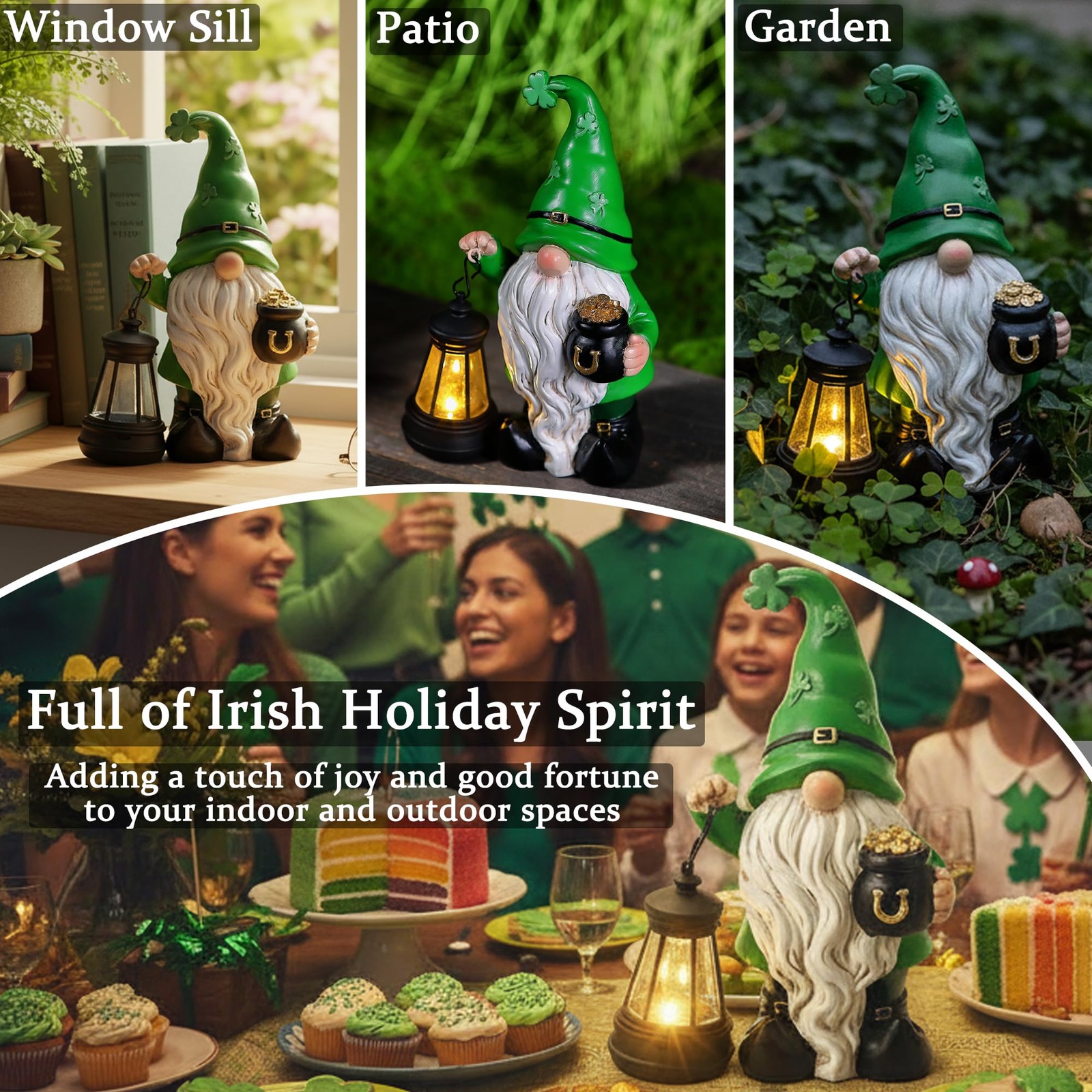 St. Patricks Day Gnome for Outdoor Decor, Resin Garden Gnome Holding Lantern ...