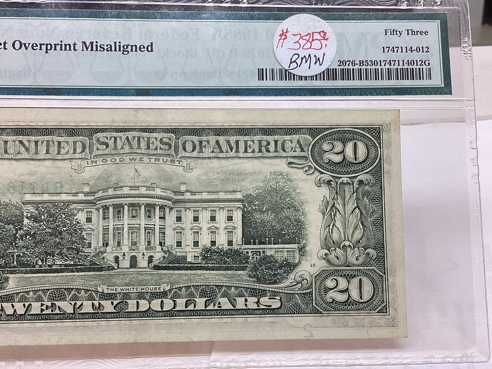 $20 1988A PMG 53 Misalignment Error District Overprint Fr#2076-B