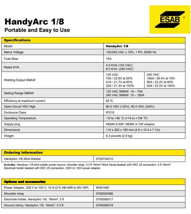 Display Model ESAB HandyArc 1/8 Stick Welder (0700734012)
