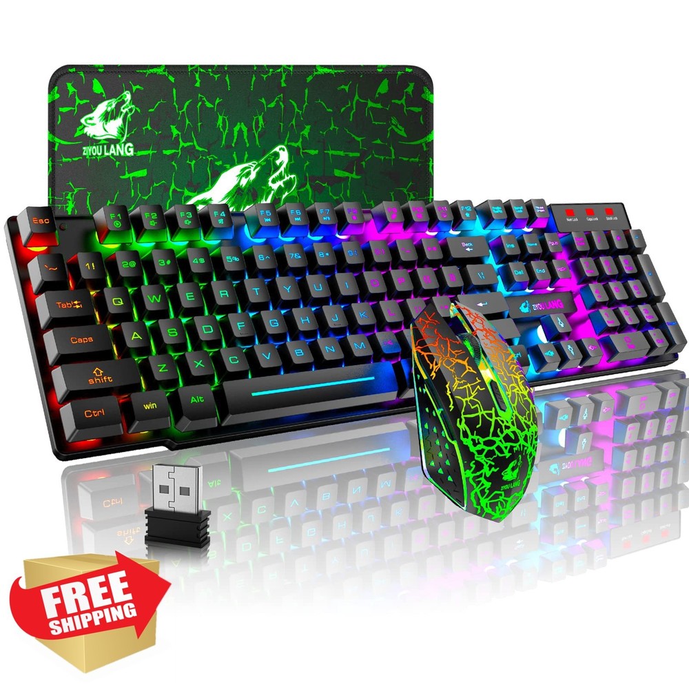 Wireless Gaming Keyboard Mouse Combo Rainbow Backlit 2.4GHz PC Mac