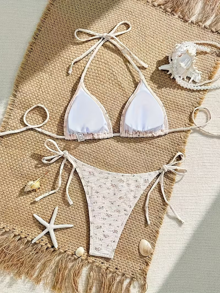 Floral 3D Print String Bikini - Triangle Bikini Set