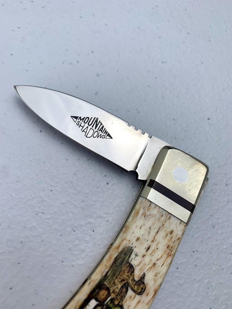 Vintage Precise Mountain Shadows Custom Scrimshaw Lockback Folding Knife