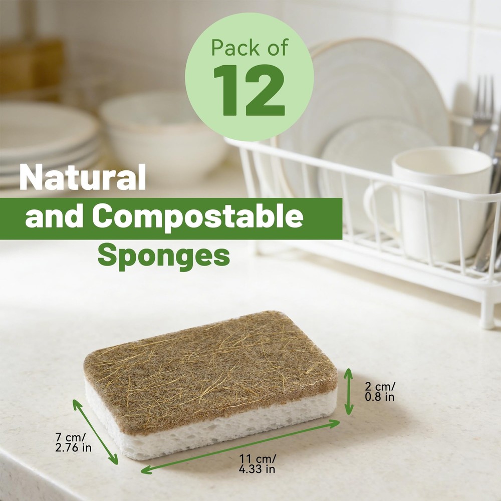 12 Count Plant-Based Kitchen Sponges, Compostable Cellulose Sponge, Biodegrad...