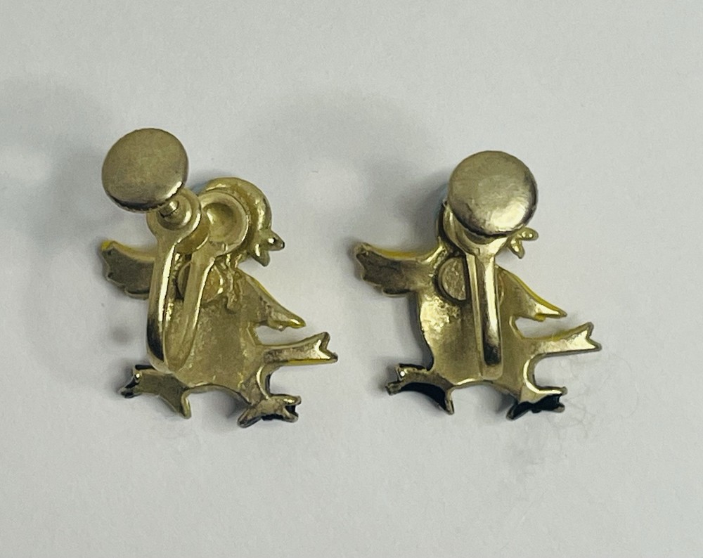 Kitsch VTG Anthropomorphic Duck Screw Back Earrings Easter 10K GP?