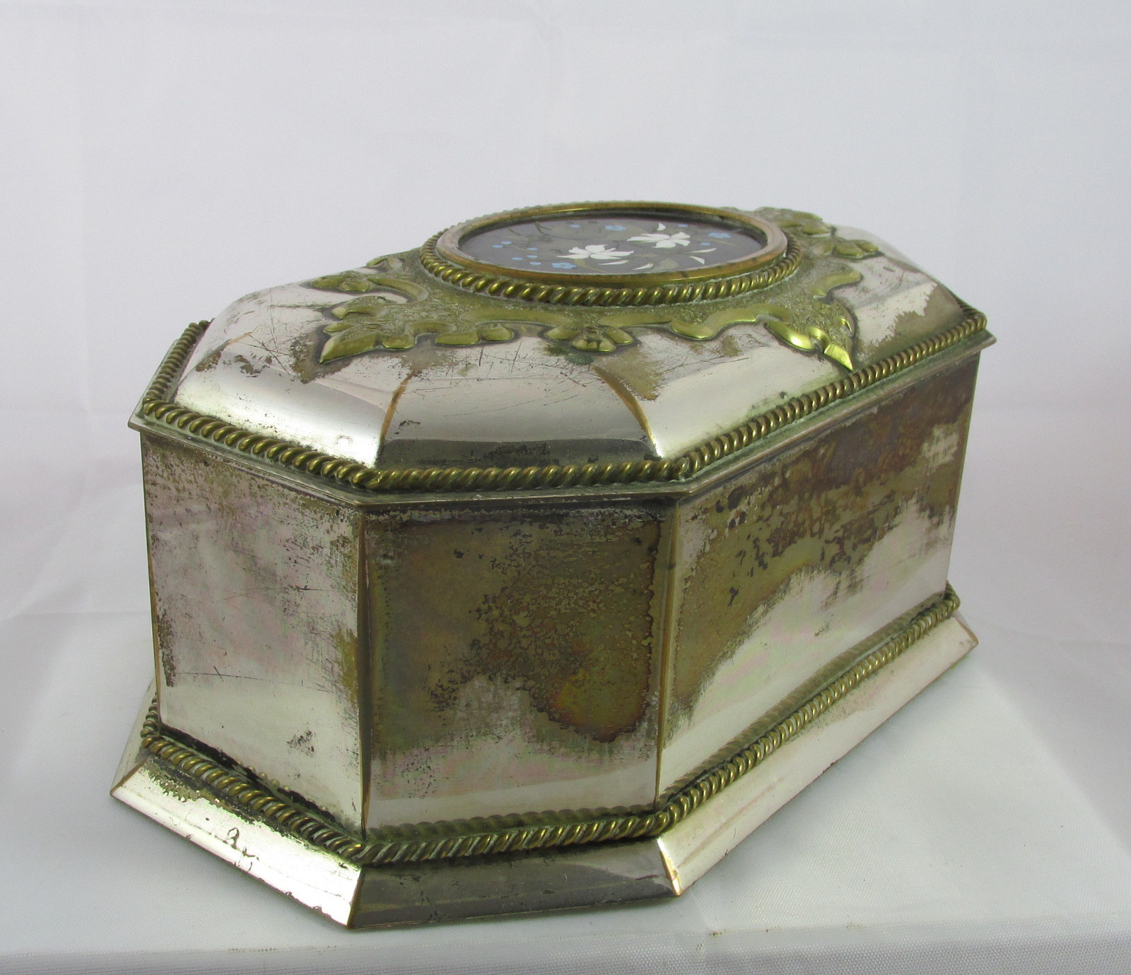 Victorian English Howell James Silver Plate Black&Green Tea Casket Pietra Dura