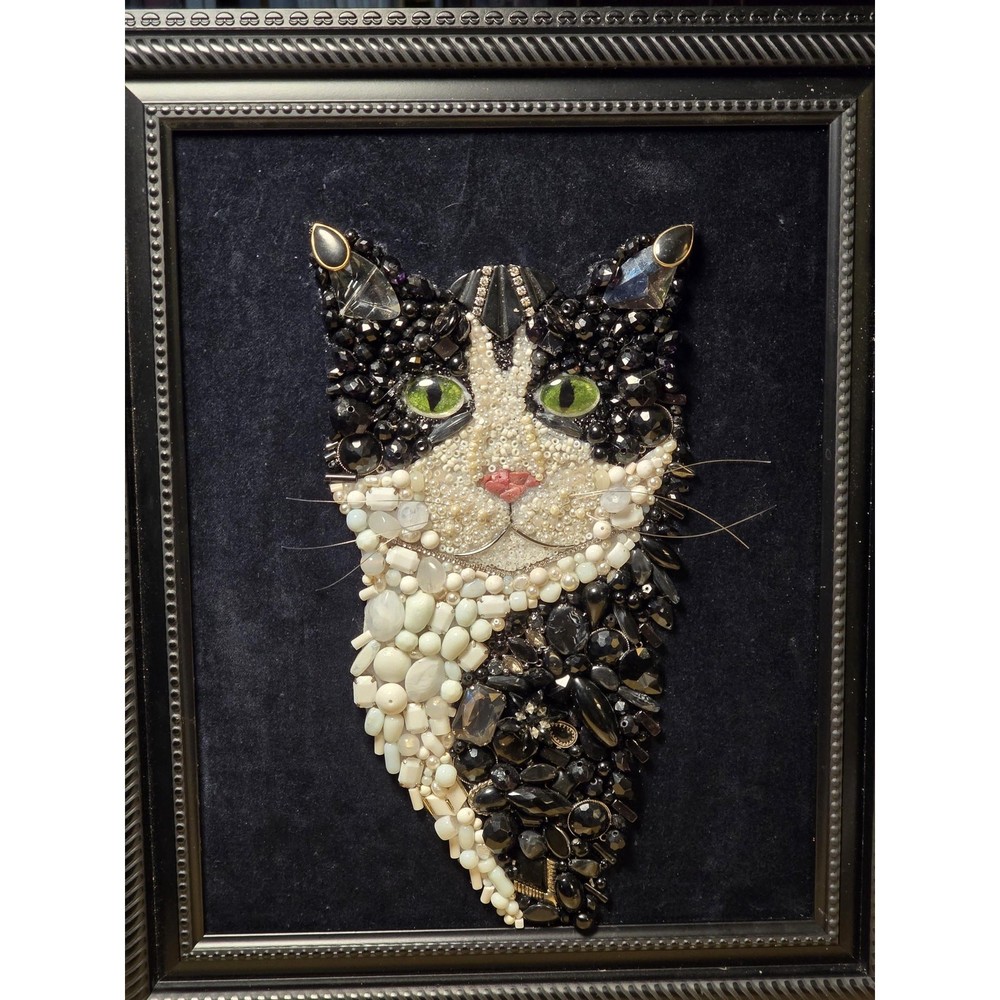 Jeweled Cat Art | Framed Assemblage, Whimsical Animal Decor