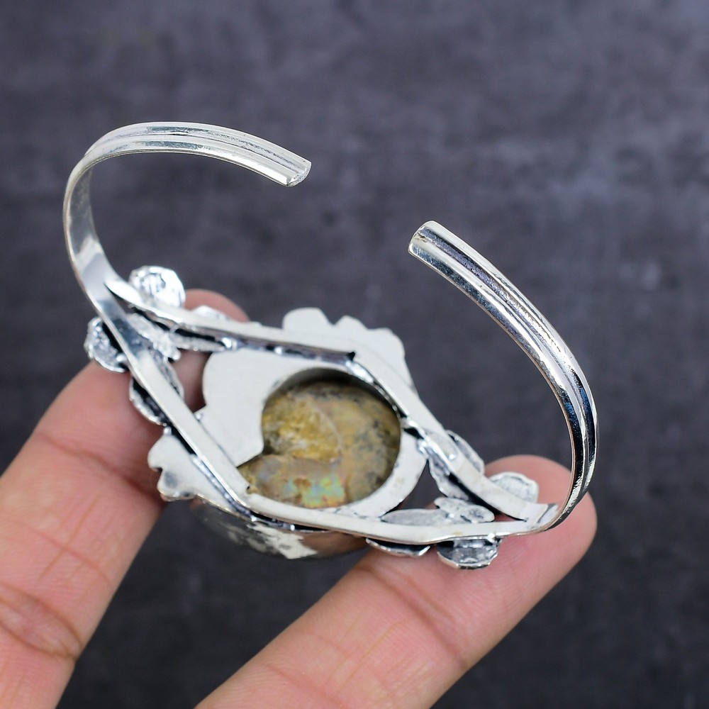 Ammonite Fossil Gemstone 925 Sterling Silver Cuff Bangle Adjustable J263