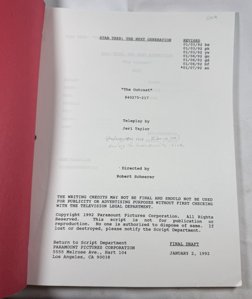 STAR TREK THE NEXT GENERATION Original FINAL DRAFT Script "The Outcast" 1992