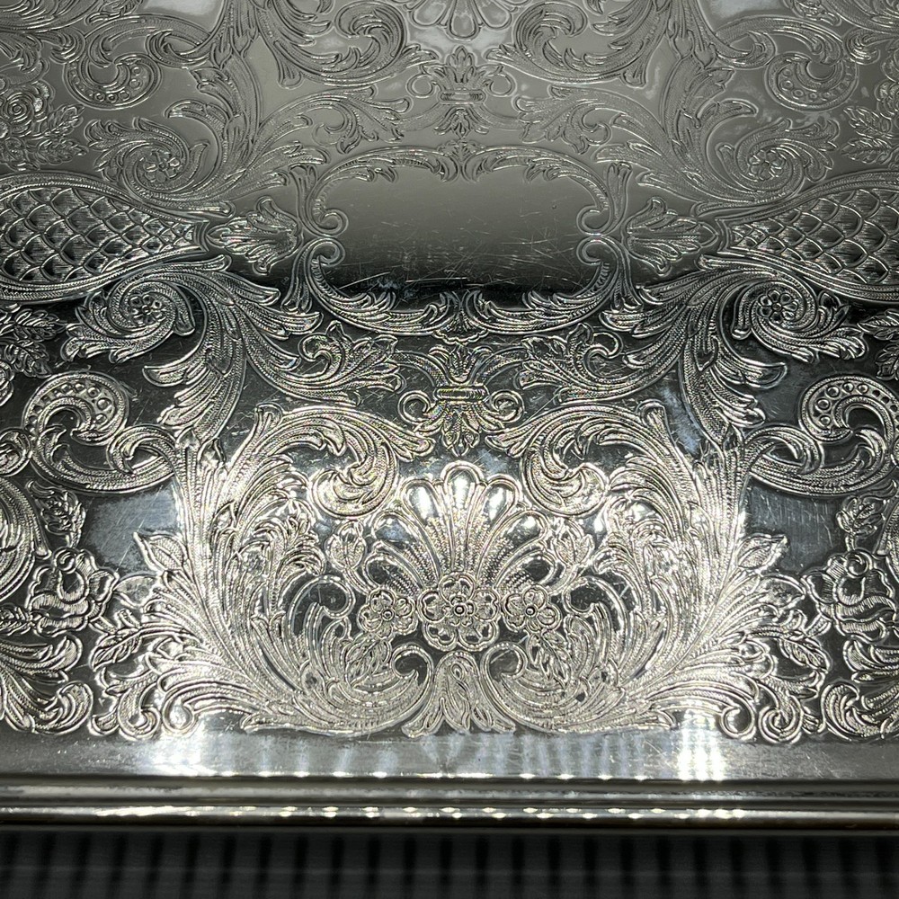 Large Vintage Silver Plated Rectangular Gallery Tray Footed Long Cocktail Drinks