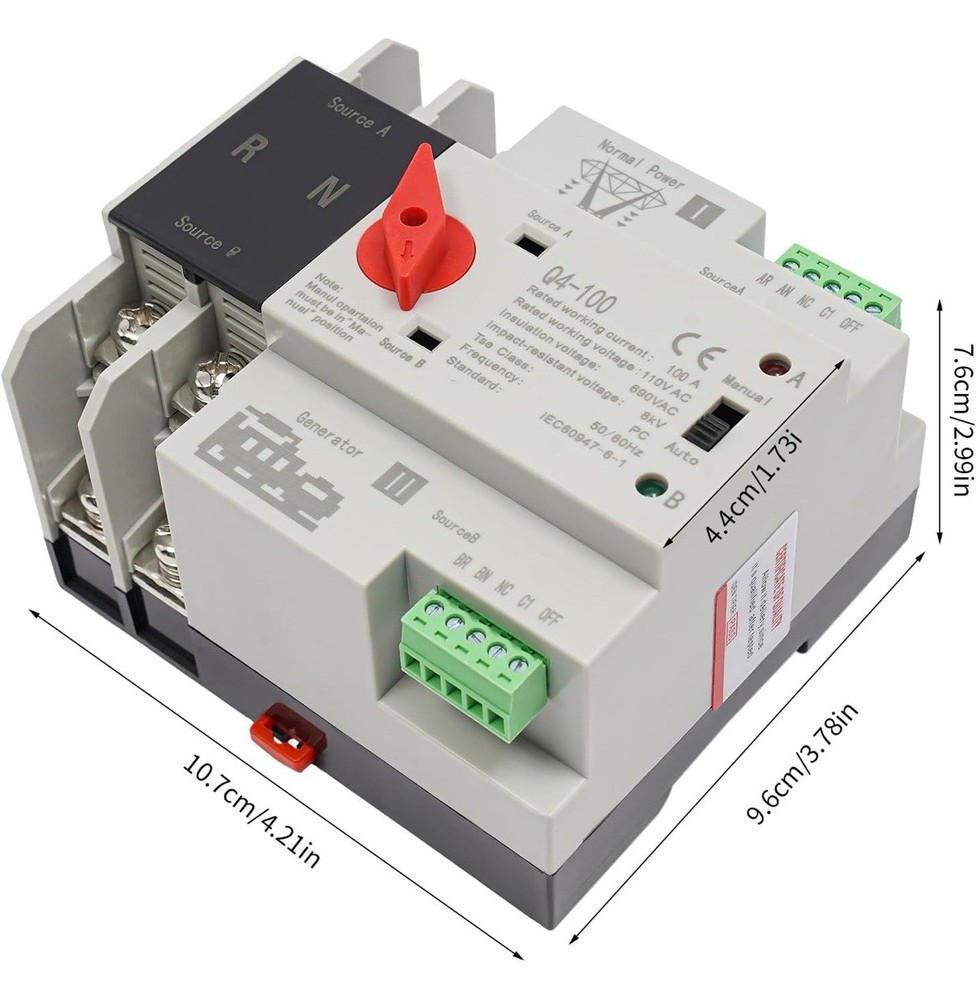 Automatic Transfer Switch 2P 100A 110V Grid to AC Generator Dual Power Control