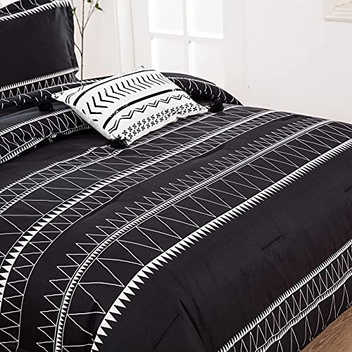 Comforter Set Reversible Boho Triangle Striped Down Alternative Queen Black