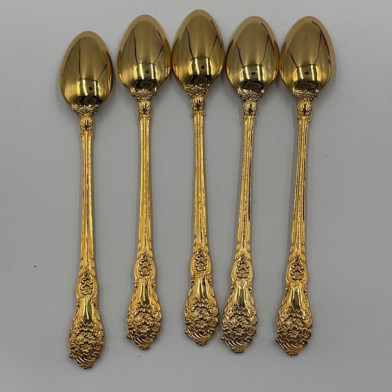 Bundle 5 Gold Electroplated Stainless Steel Flatware Teaspoons Spoons Long