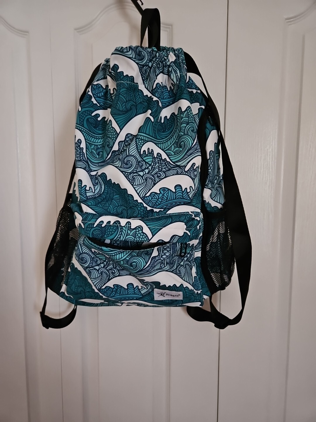 Risefit Drawstring Backpack with Mesh Pockets String Gym Bag Blue Waves
