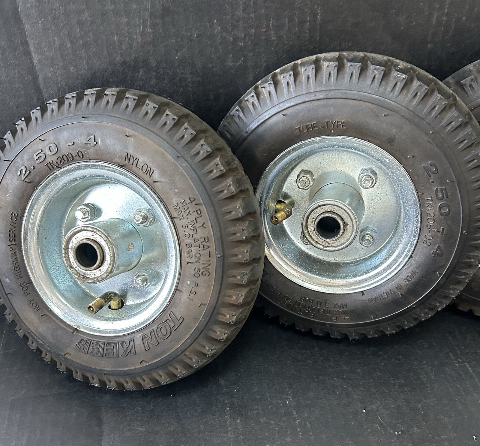 4 Ton Keep 9" Tires on Rims, 250-4 Nylon 50 Max PSI - Ready to Mount and Roll