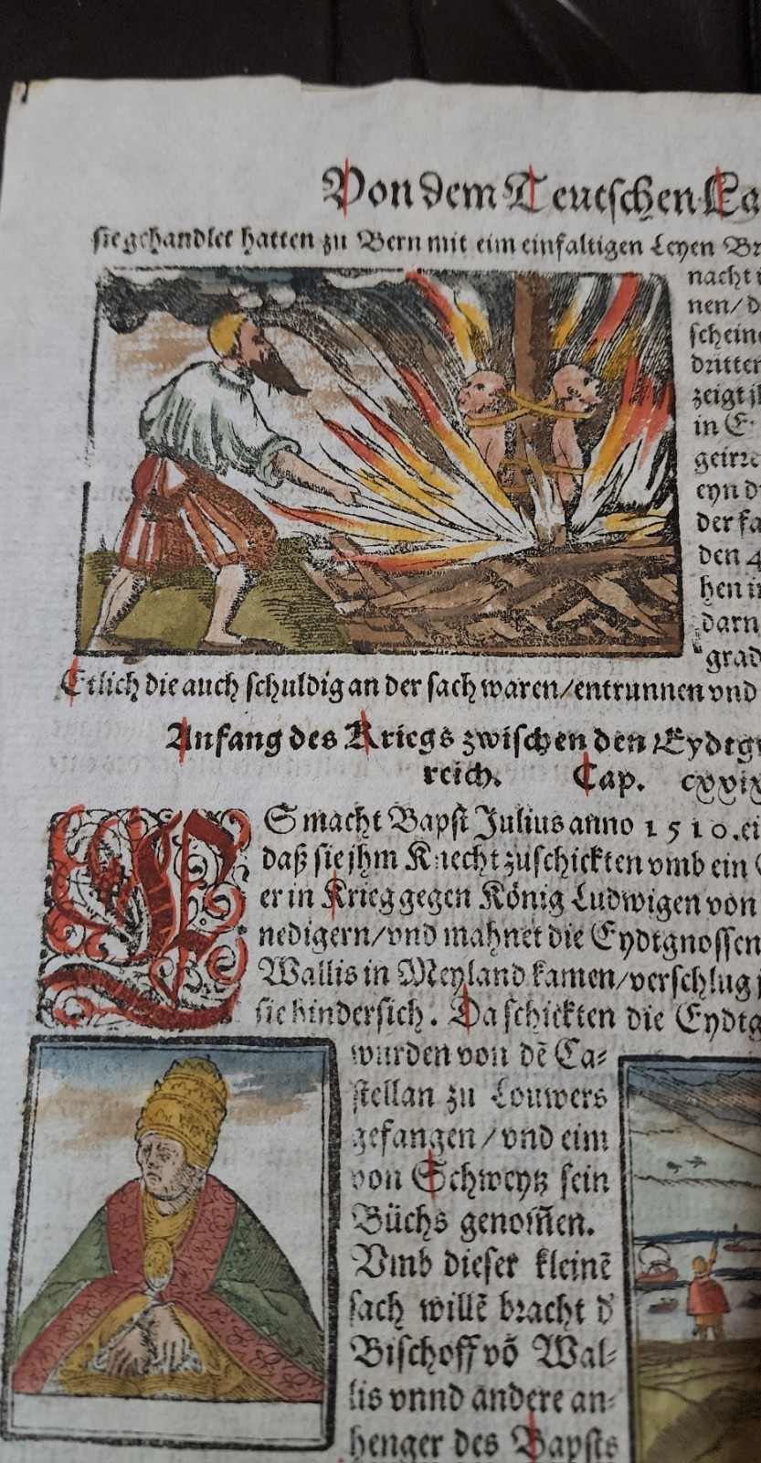 1588 German Manuscript Book Page Hand Colored War Burned At Stake 1500s Ephemera