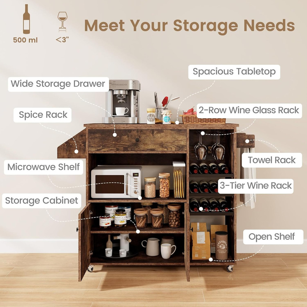 Rustic Brown Rolling Kitchen Island Cart with Drop Leaf & Storage Solutions