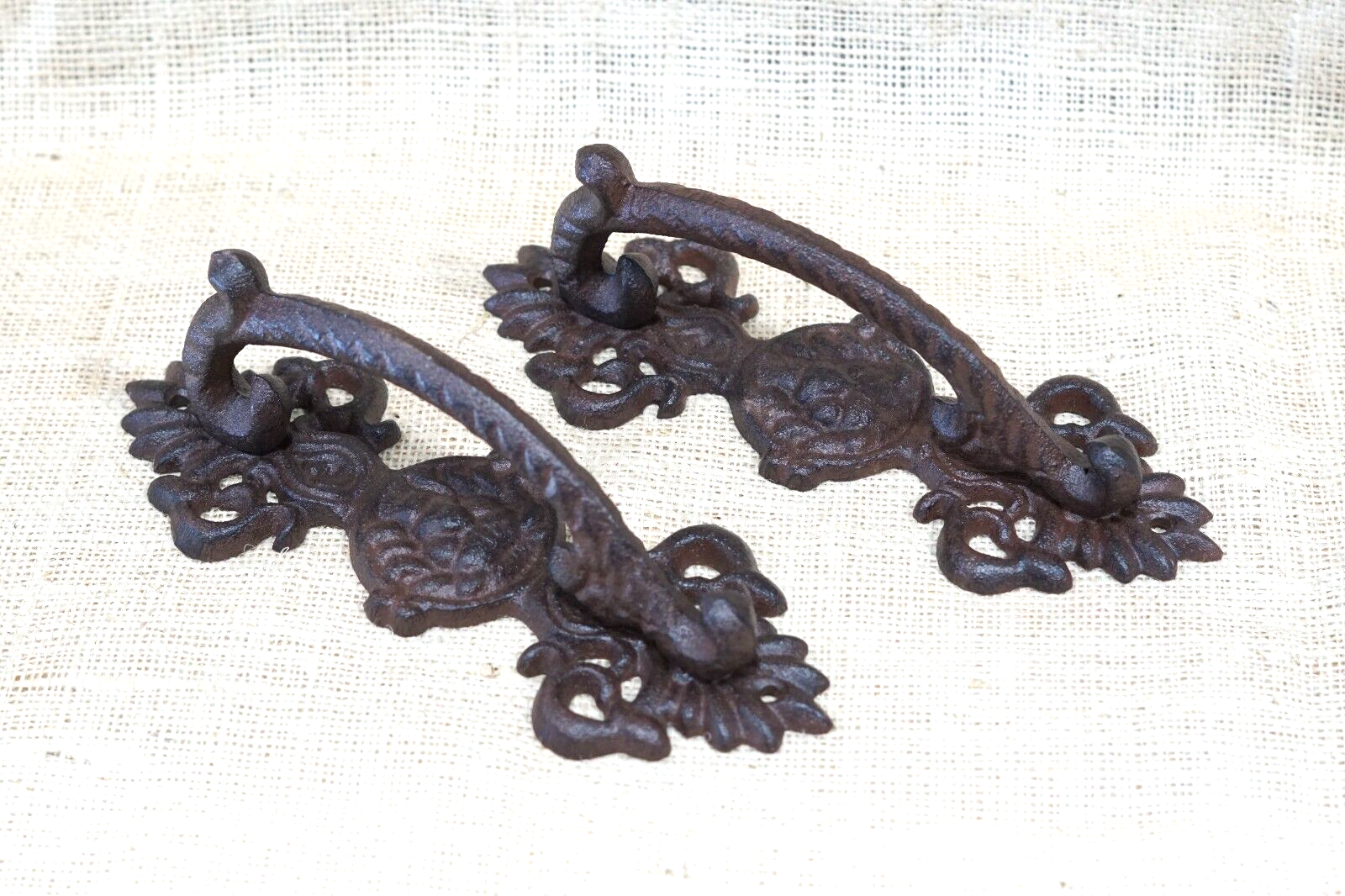 2 LARGE HANDLES RUSTIC CAST IRON BARN DOOR HANDLES SHED GATE PULLS FANCY 8 1/2"