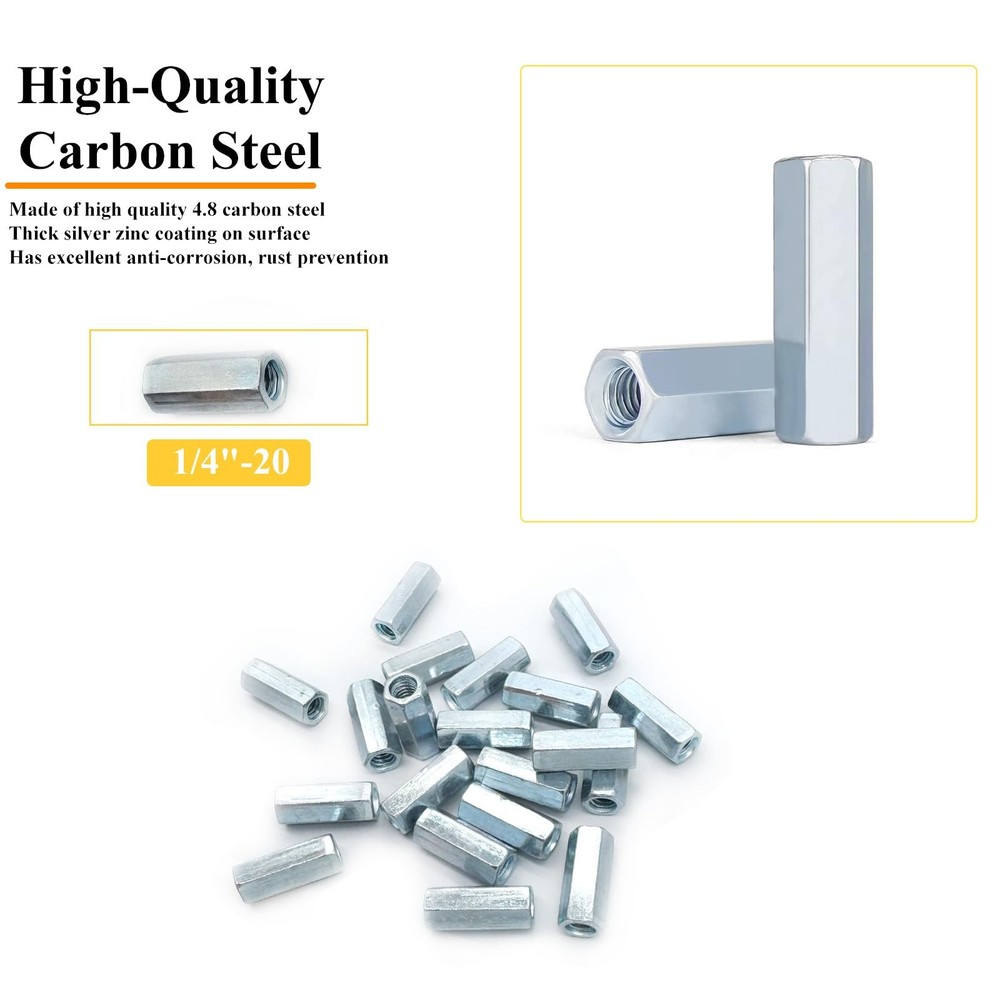 20Pcs 1/4"-20 Hex Coupling Nut, Threaded Rods Coupling Nuts Zinc Plating Exte...