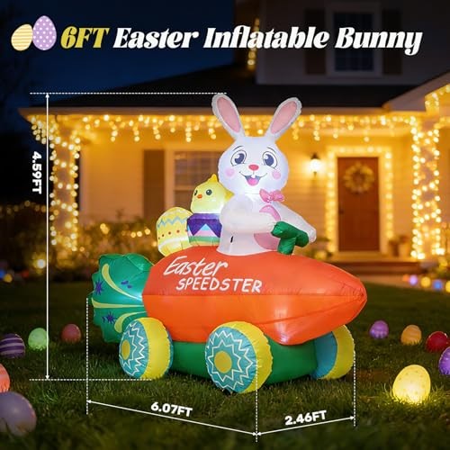 Inflatable Easter Bunny with Carrot Car and Easter Eggs, 6FT Easter