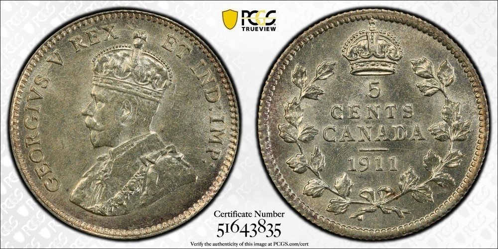 1911 Canada 5 Cent - Choice About Uncirculated, PCGS AU 58