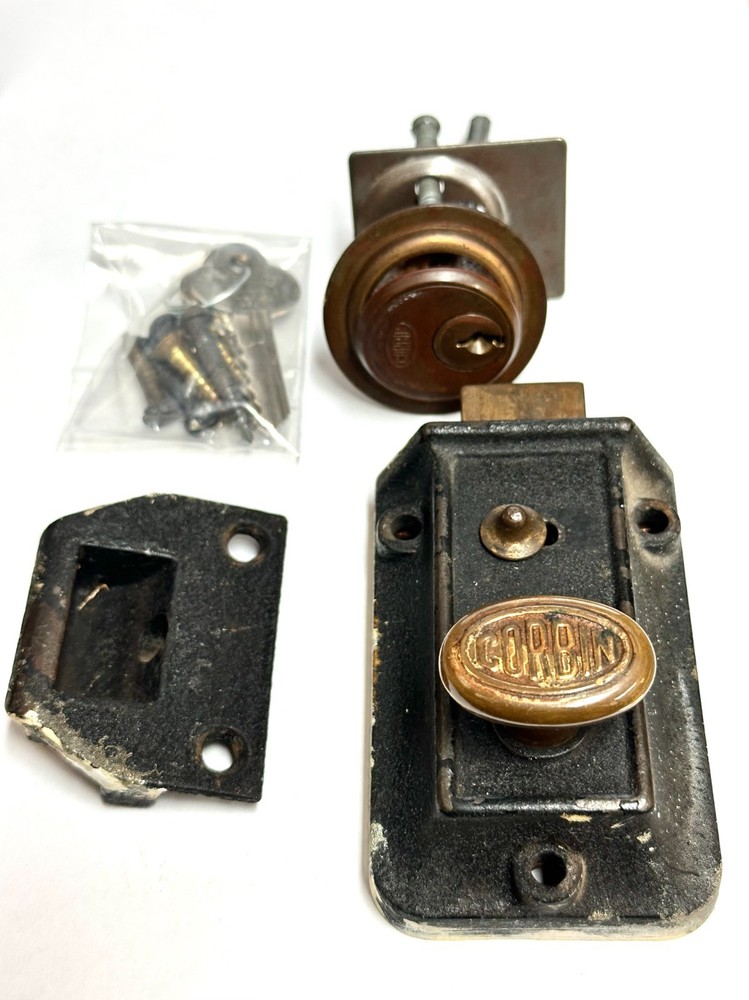 ANTIQUE CORBIN RIM NIGHT LATCH LOCK SURFACE MOUNT, WITH JAM, CYLINDER & KEYS