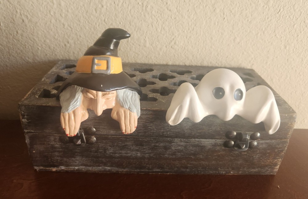 RARE Vintage 1982 Witch & Ghost Shelf Sitters, Handmade, Ceramic Bisque, EUC