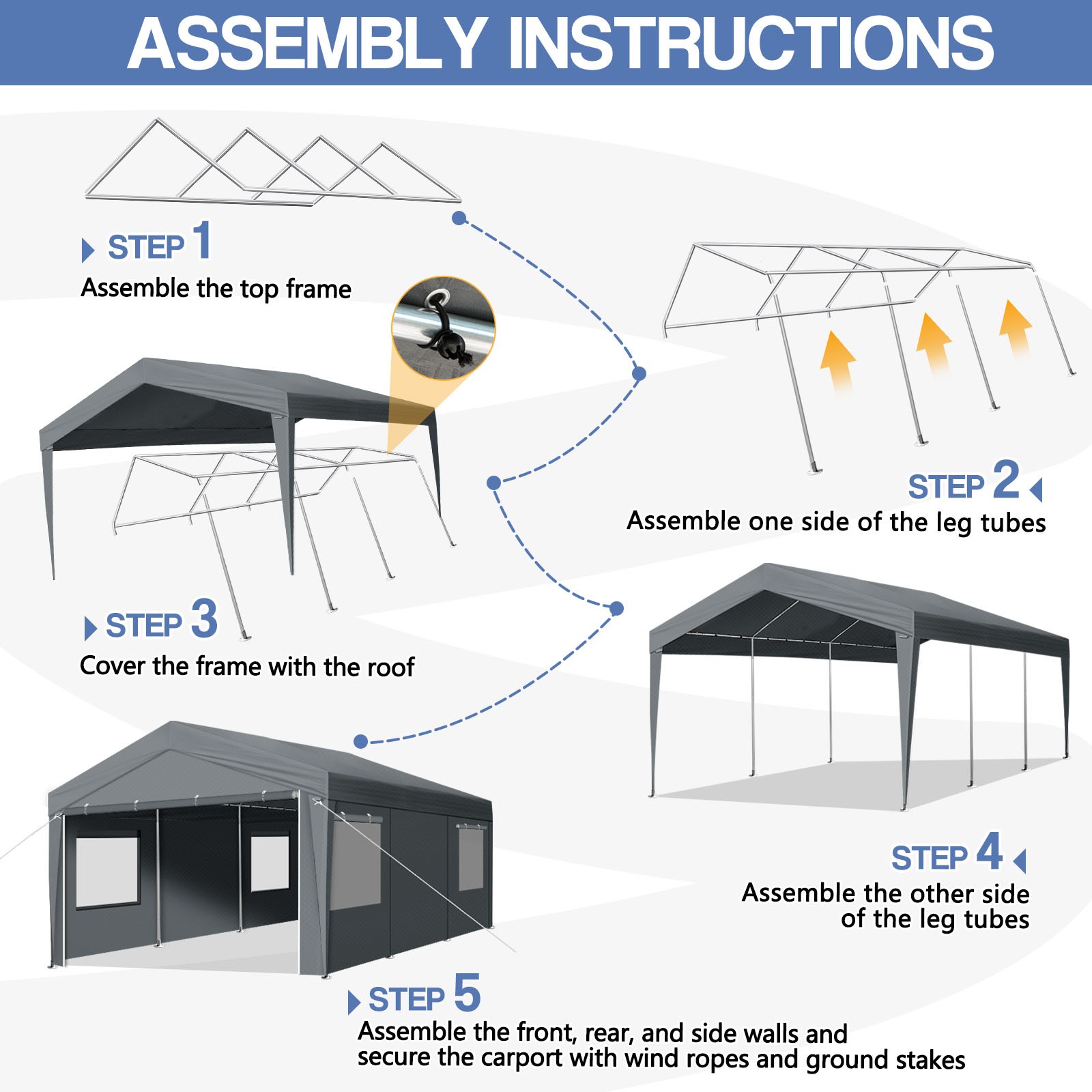 10x20 ft Carport Canopy Car Shelter Garage Heavy Duty Party Shed Tent & 4 Walls