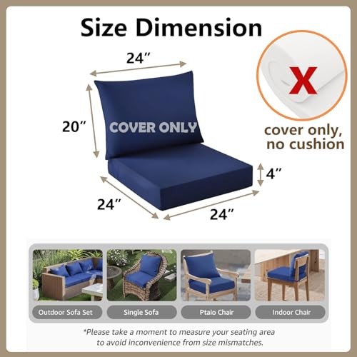Outdoor Seat Cushion Cover Set of 4, 24 x 20 Inch, 24 x 24 x 4 Inch Navy-8pcs