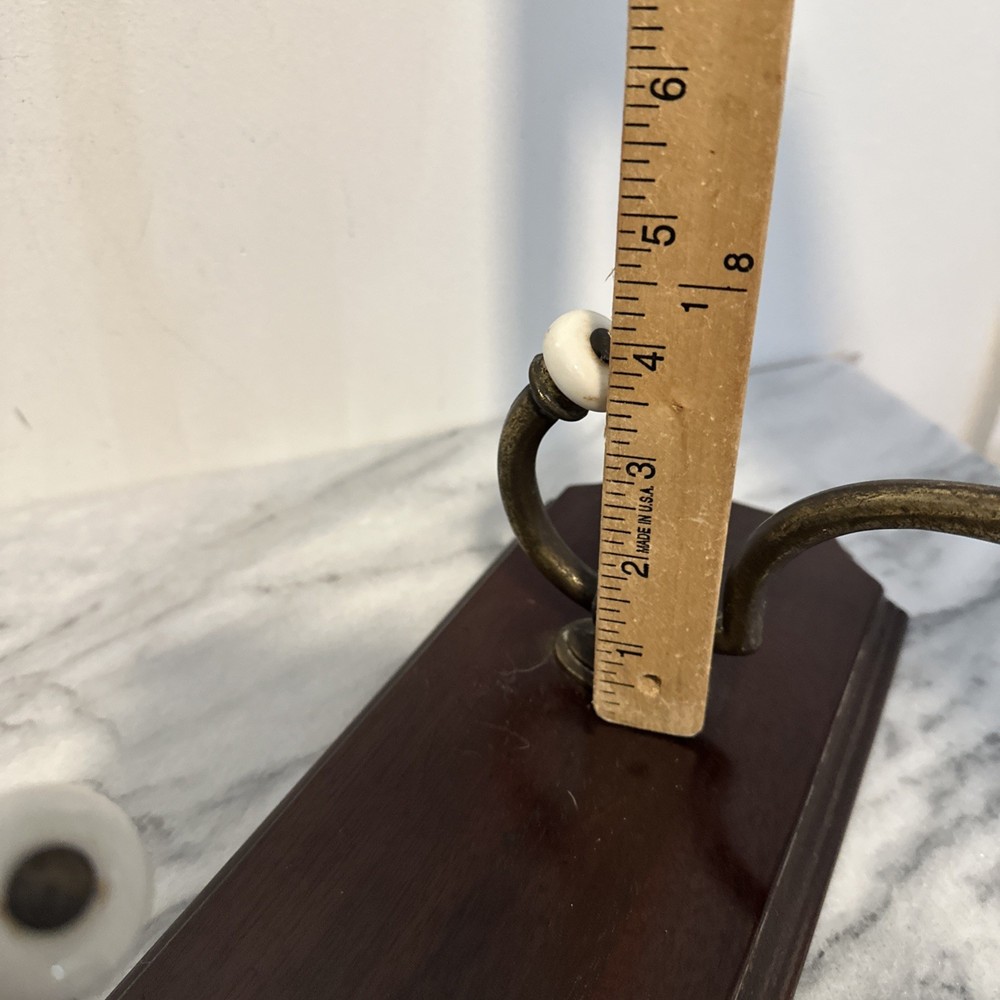 VTG Large Antique Solid Wood Wall Coat Hang Three Brass Hooks Porcelain Knobs