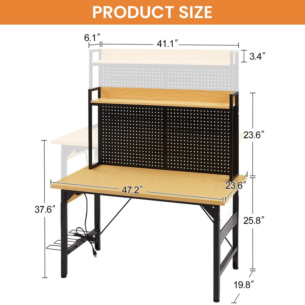 48"L Heavy-Duty Adjustable Workbench W/ Pegboard & Power Outlets Multifunctional