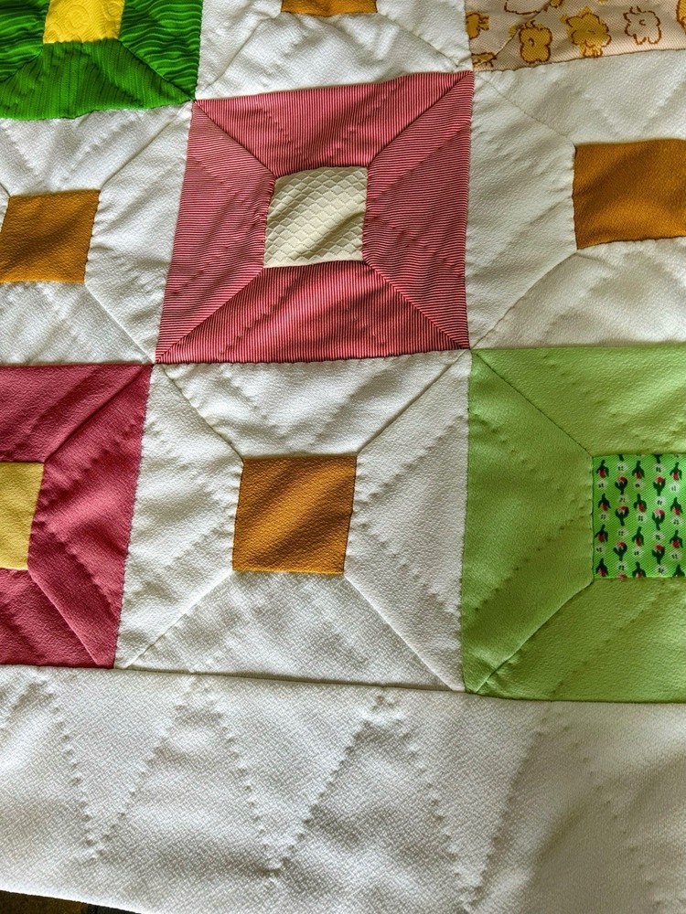 Vtg 70’s Hand Made & Quilted Polyester Double Knit Patchwork Quilt 99” X 83”
