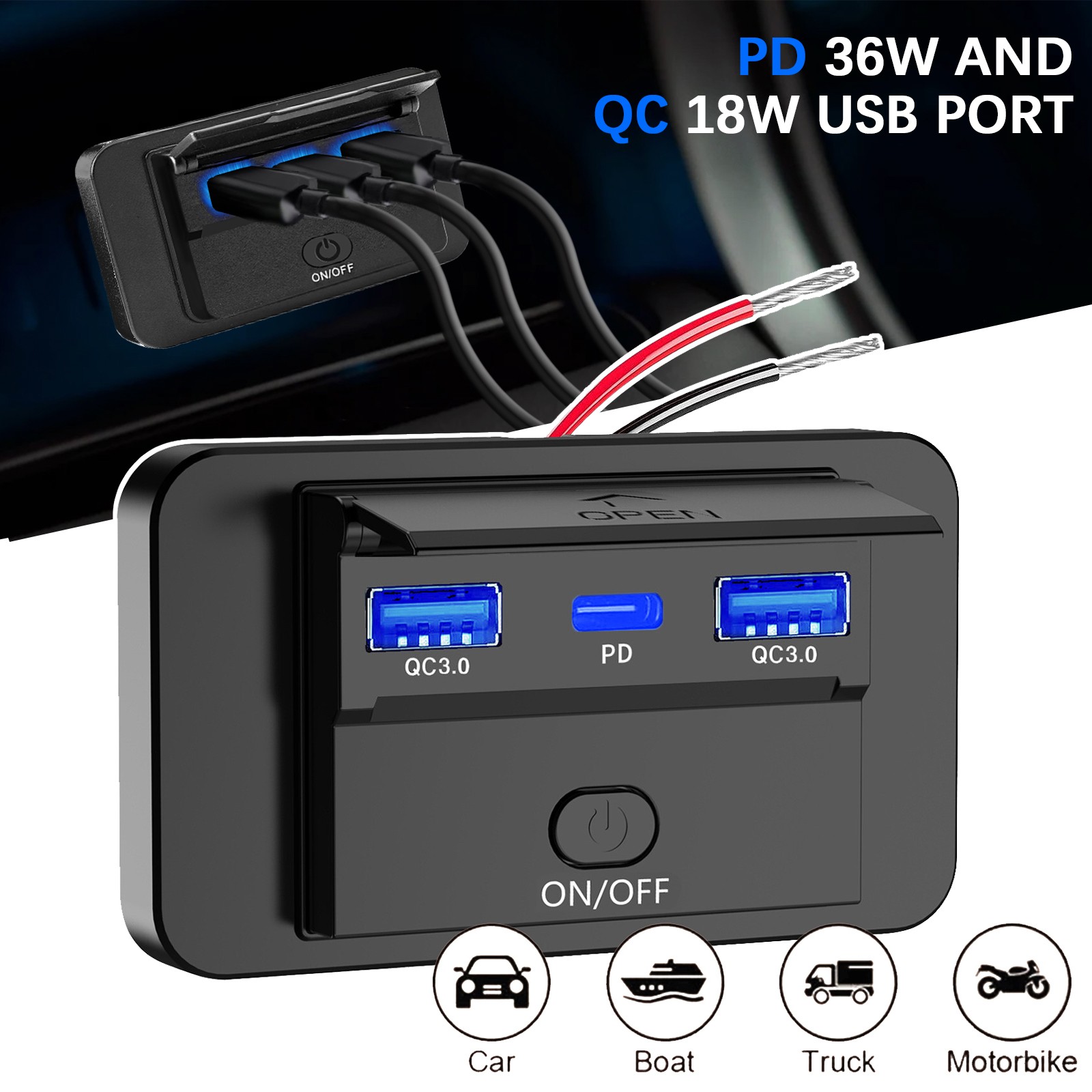 12V Dual USB QC3.0 & PD Port Car Fast Charger Socket Power Outlet On-Off Switch