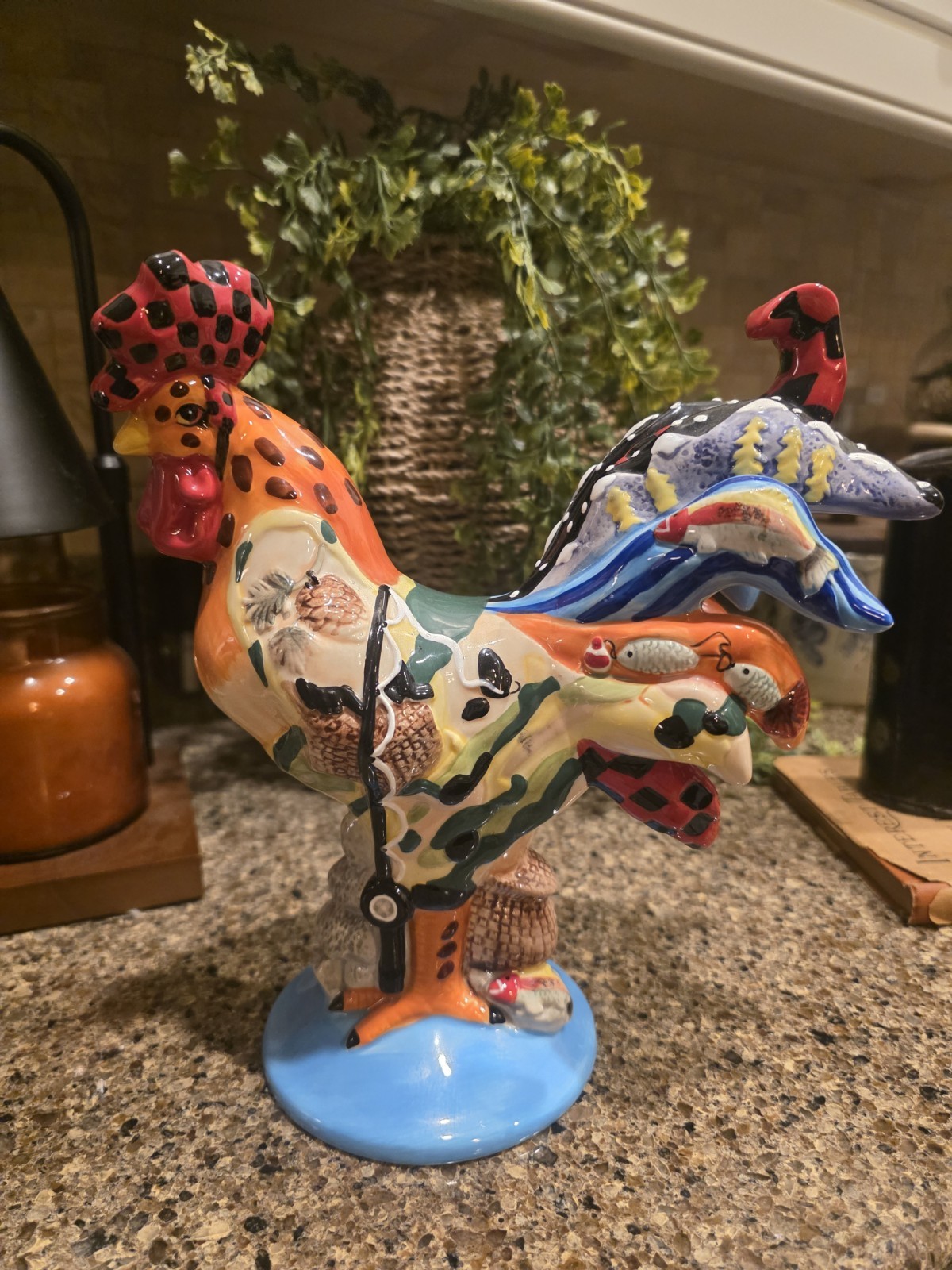 Rare Sharon Neuhaus Poultry In Motion Rocky Mountain Ceramic Rooster Fishing