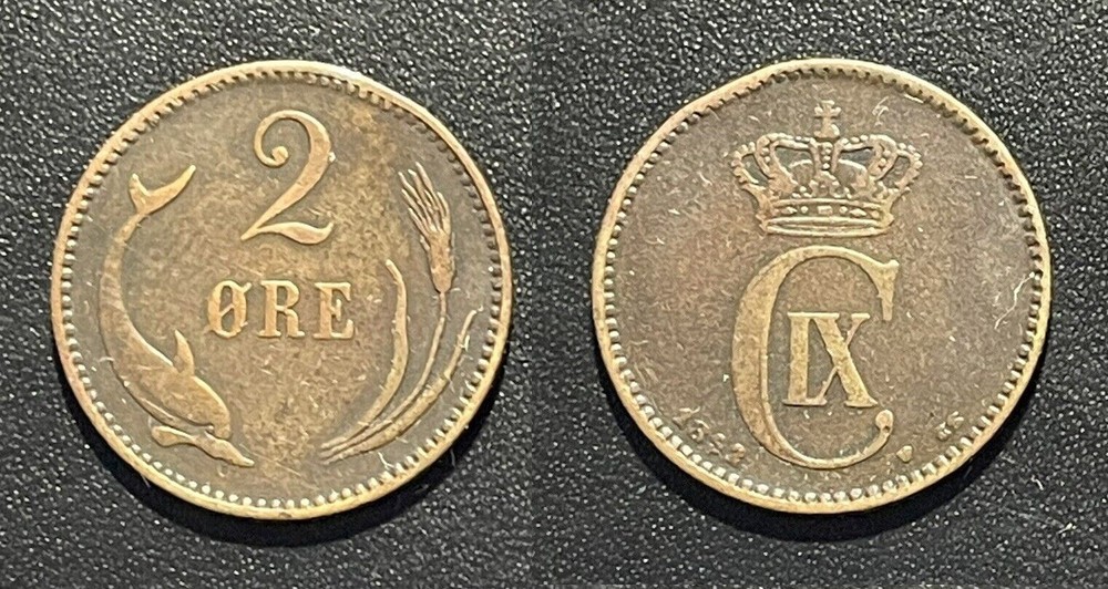 Rare 1892 Denmark 2 Ore-Dolphin/Wheat