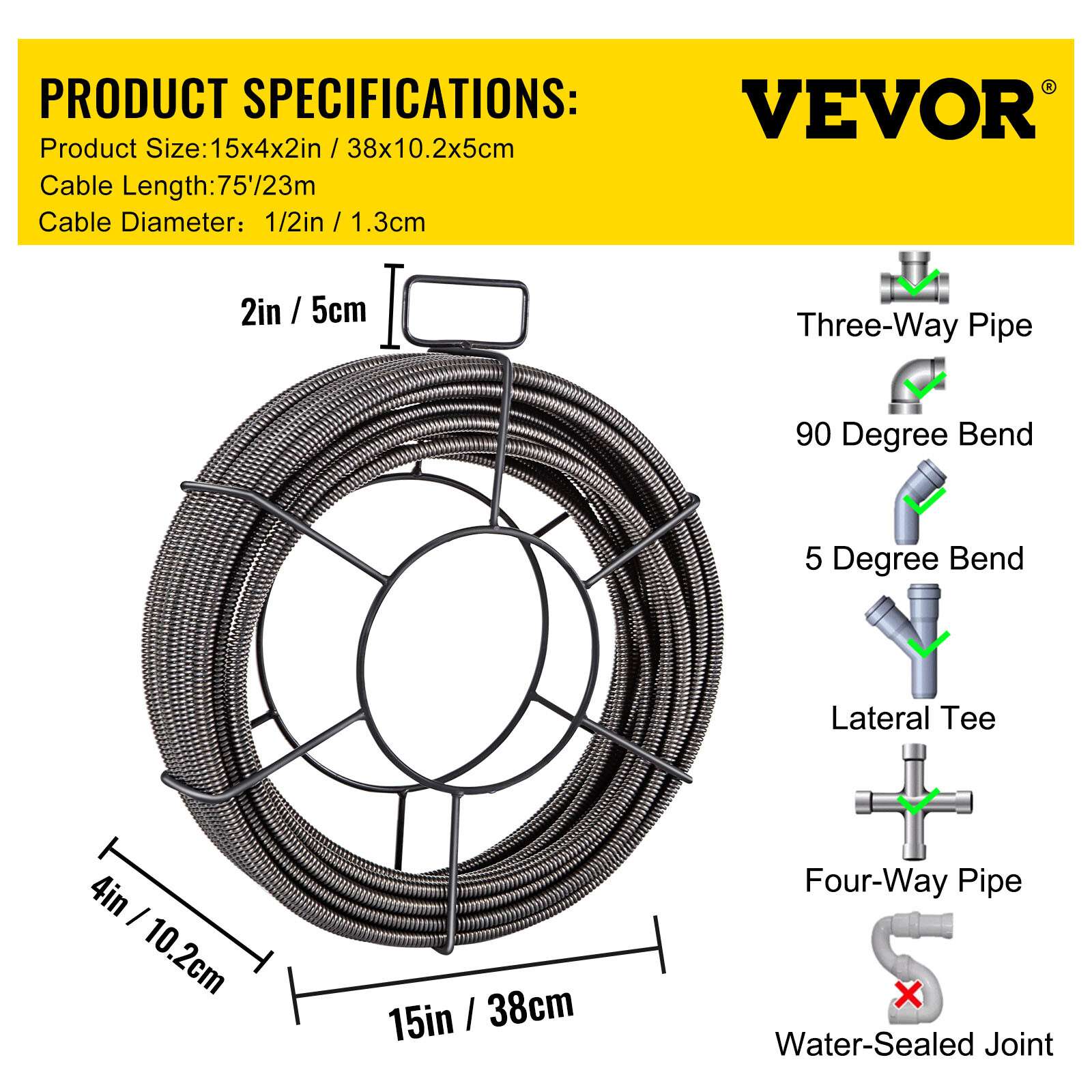 VEVOR Drain Cable Sewer Cable 75Ft 1/2In Drain Cleaning Cable Auger Snake Pipe