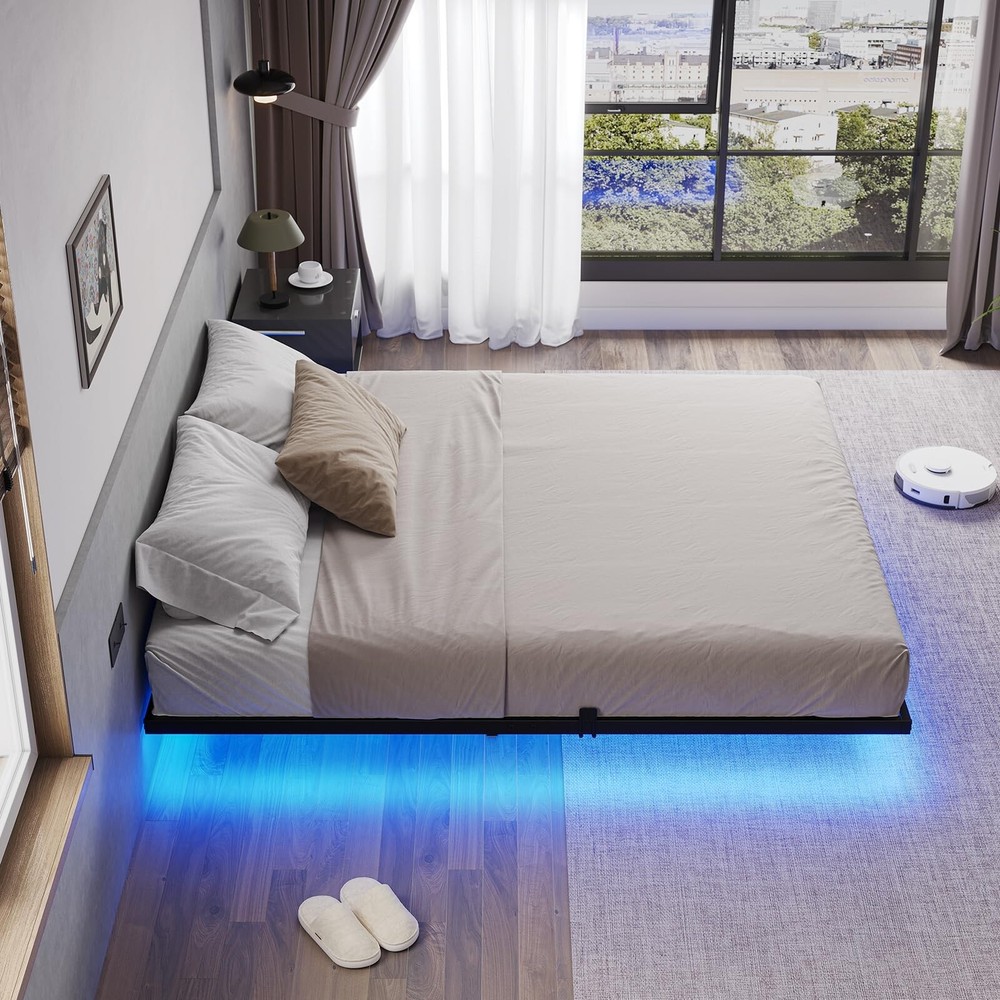 Floating Bed Frame Queen Size with LED Lights, Metal Platform Bed Frame, Black
