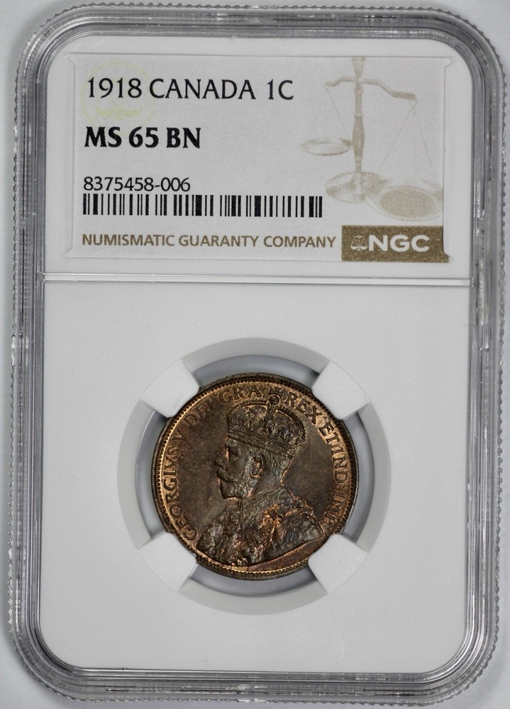 1918 Canada 1c Large Cent NGC MS 65 BN Brown