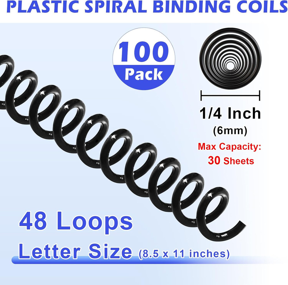 100 Pack Plastic Spiral Binding Coils,6Mm(1/4") Binding Spirals,30 Sheet Capacit