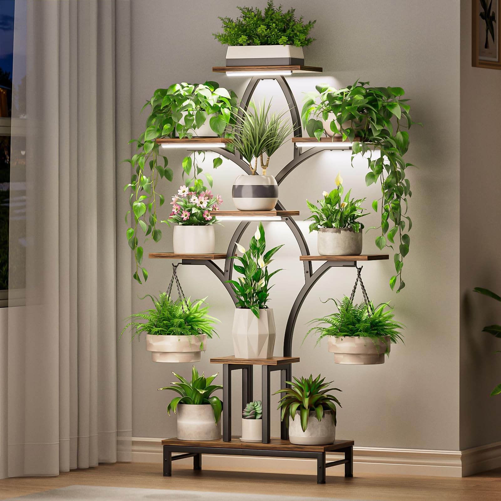 NEHAJUNXI Plant Stand Indoor with 4 Grow Lights - 63" Tall Plant Shelf- 8 Tie...