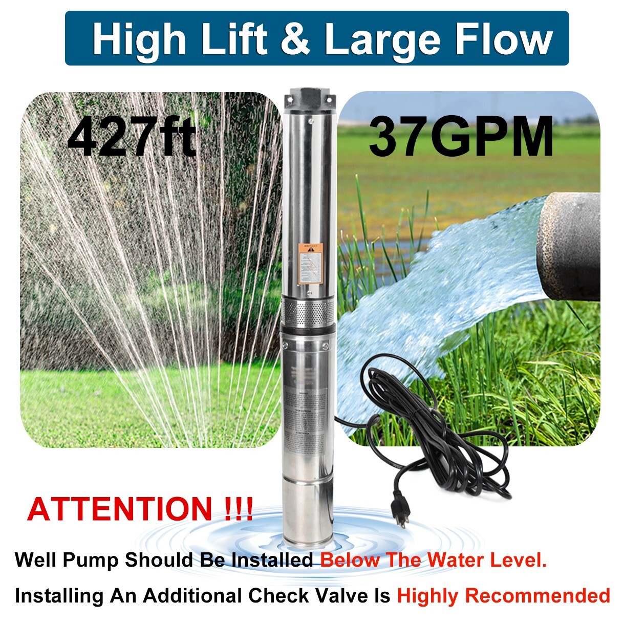 2HP 4" Deep Well Submersible Pump, 220V, 37 GPM, 427FT Max, 12 Stage 100FT Cord