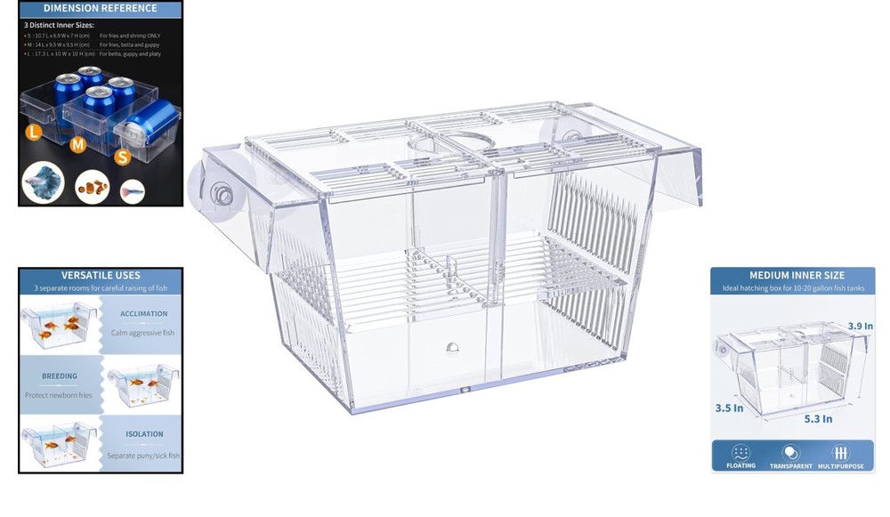 Space-Saving Acrylic Fish Breeding Box with Removable Separators & Suction Cups