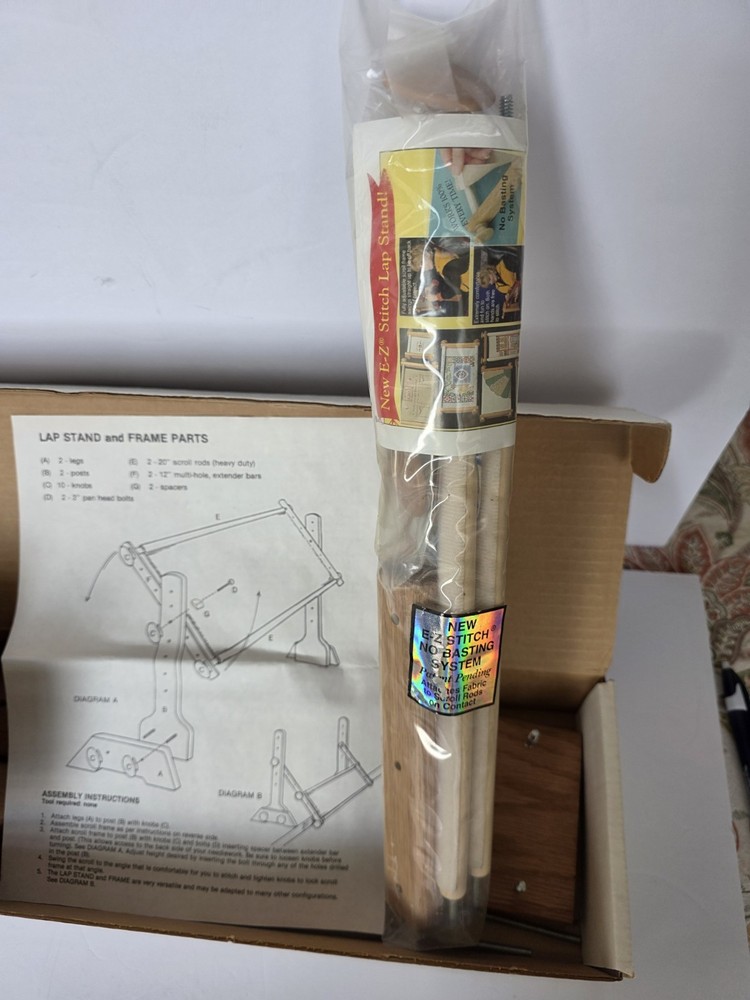 Needlework Craft Oak Lap Frame Stand Scroll Rods Extend NOS Tomorrow's Treasures
