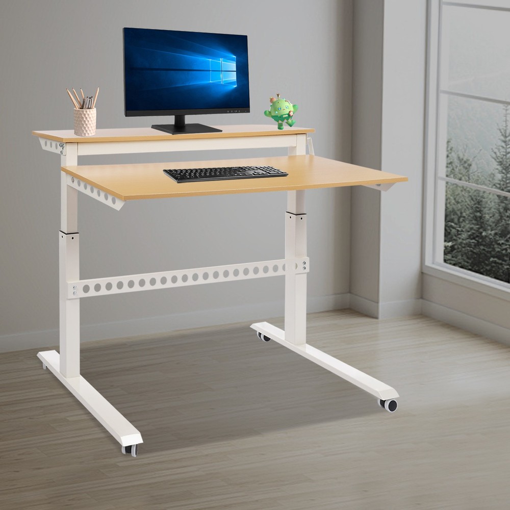 2-tier Standing Desk Adjustable Rolling Compiter Desk With Crank Handle