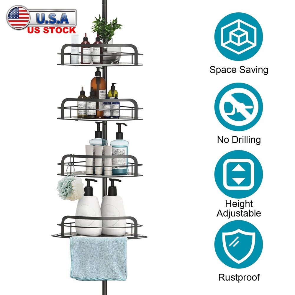 Adjustable Corner Shower Caddy with 4 Shelves & Hooks Tension Pole Organizer