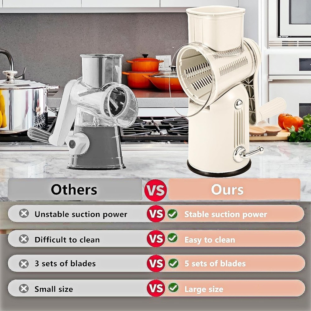 Rotary Cheese Grater with Handle Vegetable Shredder with 5 Interchangeable Bl...