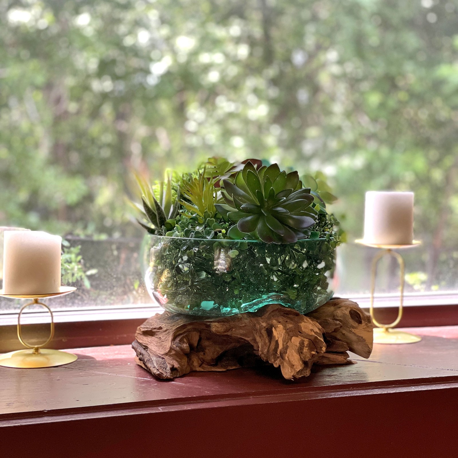 Molten Glass Bowl on Driftwood 10" Hand Blown Decorative Centerpiece Planter