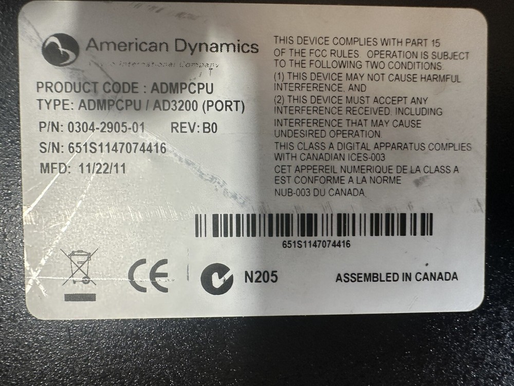 American Dynamics ADMPCPU MegaPower CPU, 100-240VAC,cctv