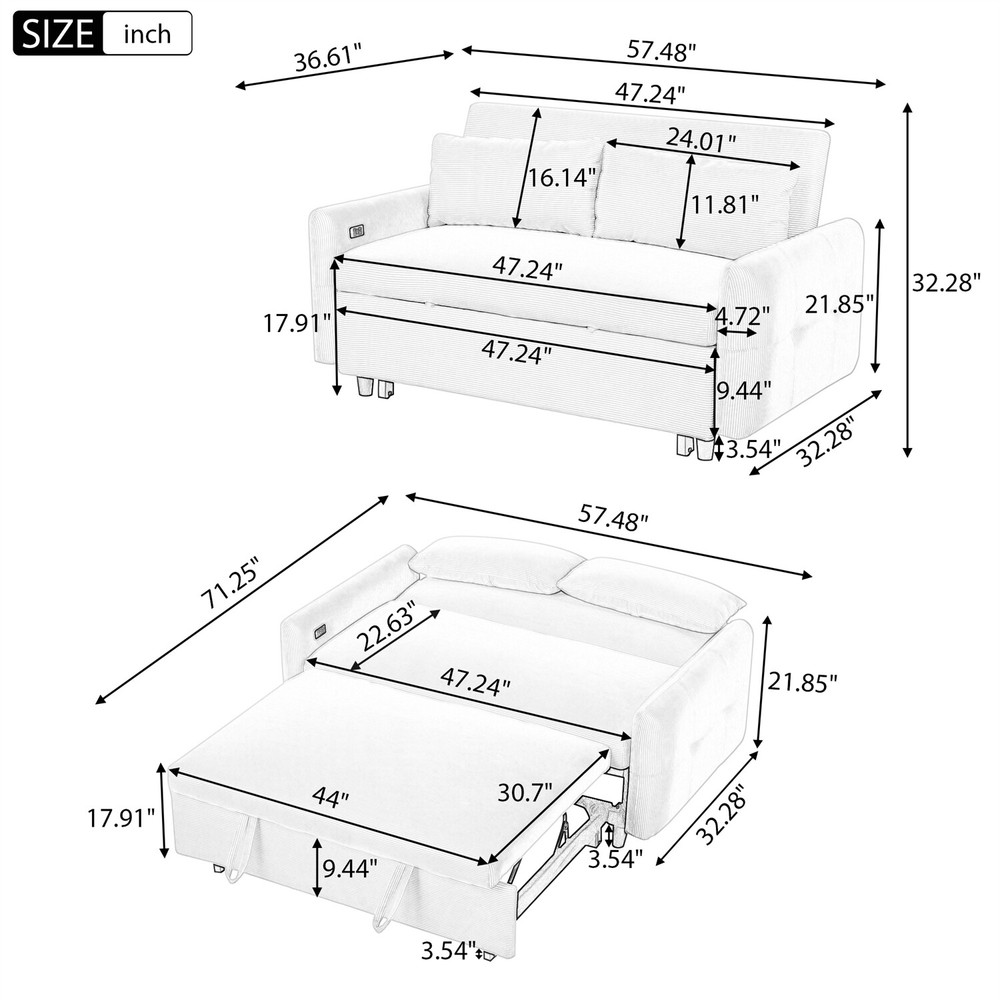 Convertible Sleeper Sofa Bed Loveseat Sofa w/ Pull Out Bed & USB Ports